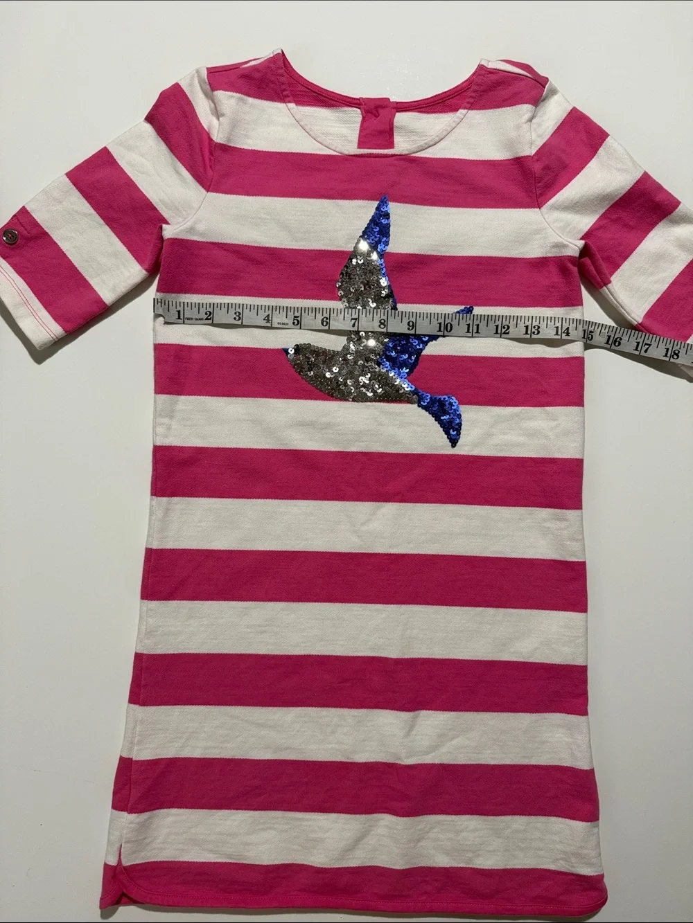 Gymboree Girls Dress Pink White Striped Sequin Bird Soft Knit A Line Sz 12